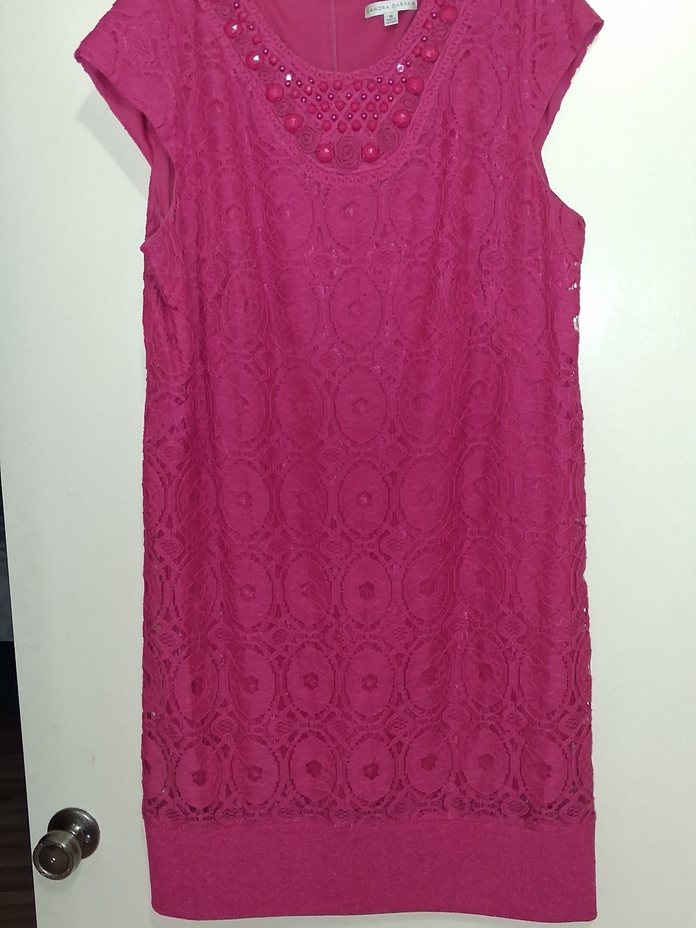 Sandra Darren Hot Pink Lace Shift Dress with Beaded Neckline